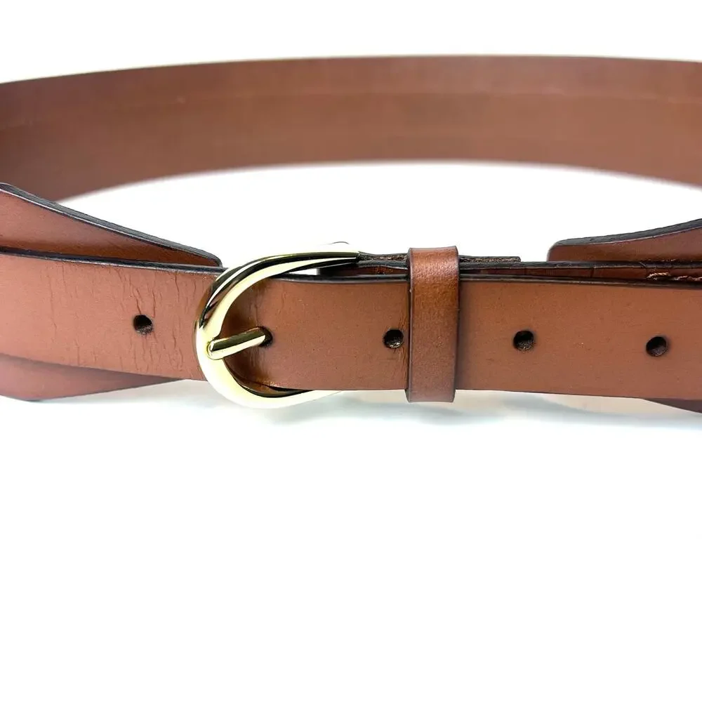 J. Crew Brown Leather Wide Waist Belt Gold Tone Buckle Size M/L